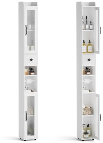 BonVache Mueble Baño Columna, Armario de baño con Estantes Ajustables, Estanterías con 2 Puertas de Vidrio y 1 cajón, Portarrollos Baño, Blanco, 20x20x180 cm
