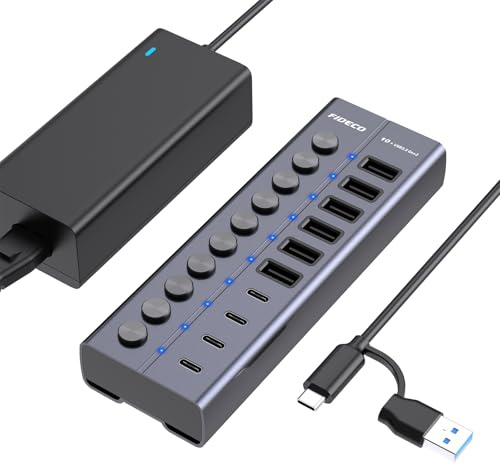 FIDECO 60 W driven USB-hubb för bärbar dator och PC, 10-portars 10 Gbps USB-splitter med 12 V 5 A strömadapter, aluminium USB 3.2 Gen 2 multiportadapter, 6 USB-A-portar och 4 USB-C-portar, stöder