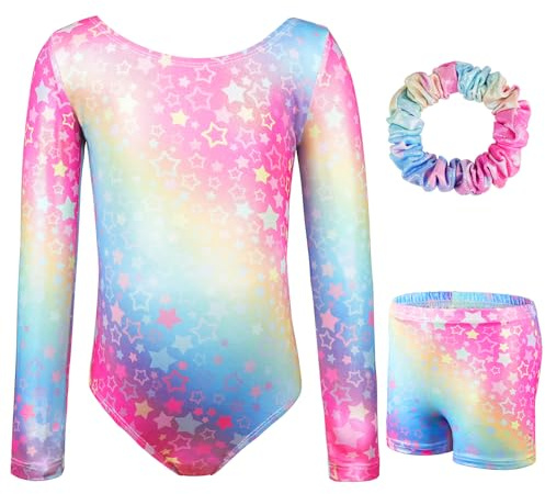AOOWU Mädchen Dreiteilige Gymnastikanzüge, Mädchen Farbverlauf Gymnastikanzug, Langärmliges Gymnastik Set mit Shorts und Haarband, Ballett Tanzender Leotard Gymnastik Outfit für Wettkampf, Tanz（140）