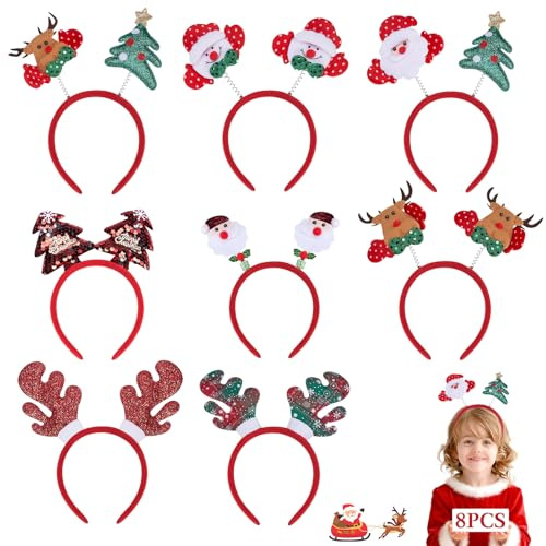 Tismels 8 Pezzi Cerchietti Natalizi, Fasce Natalizie con Renna Pupazzo di Neve Albero di Natale Babbo natale, Capelli Natale per Bambini e Adulti, Decorazioni Accessori natalizi per Feste di natal