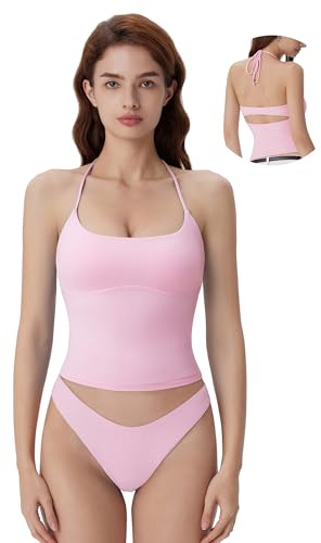 SUUKSESS Womens Halter Tops with Built in Bras Double Lined Open Back Y2K Going Out Camisole Tank Tops Sexy Trendy Summer Top