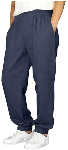 Kids Boys Linen Trousers Tapered Elasticated Waist Casual Loose Linen Trousers Baggy Straight Leg Pants Summer Comfy Beach Travel Outfits Joggers with Pockets for 5-15 Years Navy