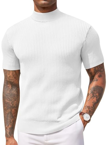 COOFANDY Men's Mock Turtleneck T Shirt Short Sleeve Stand Collar Top Ribbed Knitted Pullover Stretchy Solid Tee