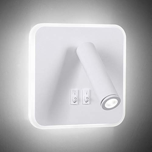 KAWELL 8W Moderna Applique da Parete LED Lampada da Lettura da Parete 350° Orientabile 3W LED Faretto da Parete con Interruttore per Camera da Letto Soggiorno Sala Studio, Bianco 6000K