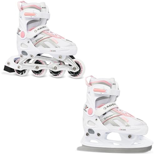 Raven Pulse Inline Skates Inliner für Kinder und Erwachsene OPTIONAL 2in1 mit Schlittschuhen verstellbar (White/Pink mit Kufen, 40-43 (25,5-28cm))