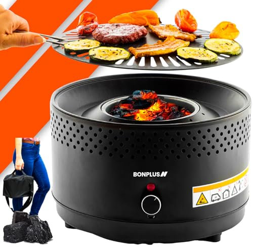 Bonplus BP | Gril Barbecue Portable avec Sac de Rangemente | Barbecueau Charbon sans Fumée | Ventilateur à Batterie | Facile à Nettoyer | Cuisson Uniforme | Antiadhésif