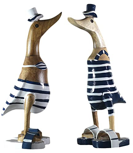 ART-CRAFT 2 statuette in legno di anatra, decorazione da giardino, in legno di bambù, radice e teak, blu, coppia di bikini dipinta a mano, altezza 25 cm