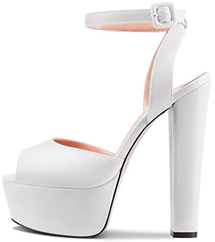 NobleOnly Femmes Bloc Chunky Haut High Plate-forme Talon Heel Ouvert Bout Lanières Cheville Slingback Mariage Sandales Blanc 40 EU