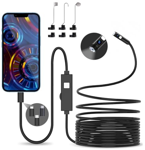 Doppia Lente Endoscopio per Smartphone, AOPICK 1080P HD Telecamera Endoscopica con 8+1 LED IP67 Sonda Impermeabile Cavo Semirigido, non c'è bisogno di Wi-Fi Compatibile con iOS e Android 16.4ft/5M