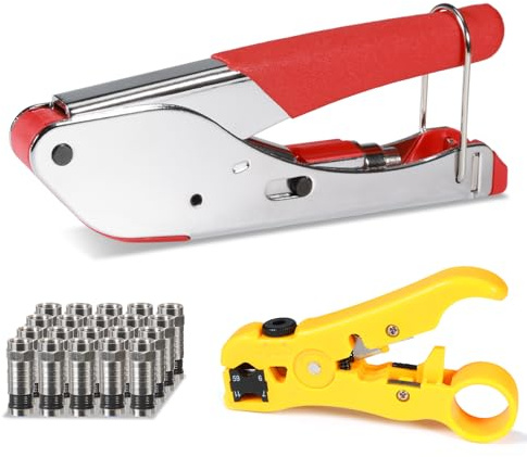 Hiija Koaxialkabel Crimpzange Set, RG6 Kompressionswerkzeug mit 20 F-Steckern, Koaxialkabel Abisolierwerkzeug für RG6 / RG59 / RG11, Werkzeug Kit für Satellit, CATV und Antennenkabel