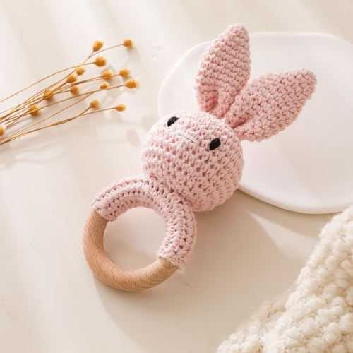 Wooden Baby Rattle，Crochet Bunny Rattle with Wood Ring, Newborn Wooden Animal Rattle Toy，Infant Pink Bunny Wood Rattle Toys