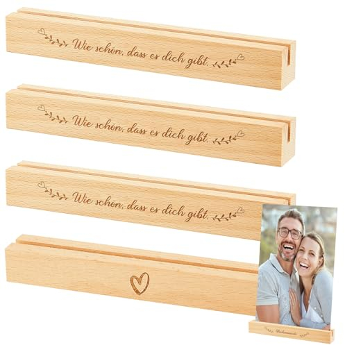 Namalu 4 Stück Kartenhalter Holz Fotohalter Tischkartenhalter mit Sprüchen Postkartenhalter Kartenständer für Postkarten Tischkarten Tischnummern Namensschilder Hochzeiten Foto Geschenk (Schön)