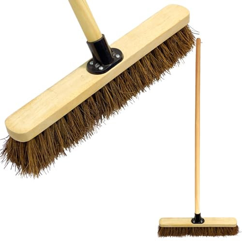 18” Outdoor Yard Broom with Wooden Handle Stiff Bassine Hard Bristle with Durable Support Bracket Garden Brush Heavy Duty Broom for Driveways, Sidewalks, Patios and Deck (PACK OF 1)