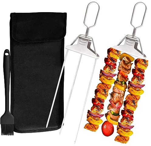 3 Way Grilling Skewers,2pcs Kabob Skewers with Brush and Storage Bag,3-Prong BBQ Skewer Stainless Steel,Easy to Use Push Bar Slider, Kabob Sticks for Meat,Chicken,Sausages,Veggies