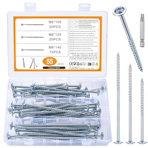55 Pcs M6 à Bois, à Bois, à Autotaraudeuses, à Torx, Autoperceuses à Tête Cylindrique, à Tête Bombée Torx Drive, à tôle en acier au carbone, M6 x 100 mm/120 mm/140 mm