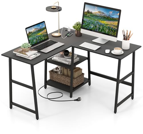 COSTWAY Escritorio Esquinero 120 x 120cm, Tomas de Corriente y Puertos USB, Escritorio en L con 2 Estantería, Estructura de Metal, Mesa Gaming L Oficina Casa (Negro)