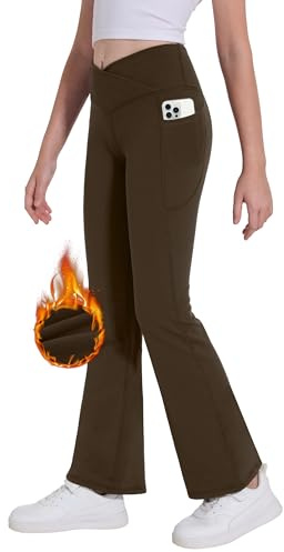 Desol Pantalones térmicos de diseño cruzado para niña con bolsillos para adolescentes, leggings elásticos acampanados para deporte y yoga, pantalones de gimnasia ideales y pantalones de chándal, caqui