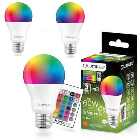 Lumiled A60 E27 LED Lampe, 9W (ersetzt 60W), 806 Lumen Leuchtmittel, RGB +6500K Birnen Lampen, Dimmbar, 260° Grad Strahlwinkel Glühbirne 3er-Pack Farbwechsel Tropfen mit Fernbedienung
