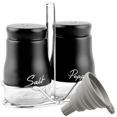 Fyfjur Salieres Et Poivrieres, 1 Ensemble Saliere Et Poivriere De Table En Acier Inoxydable, Salière avec Support et Entonnoir en Silicone, Saliere Pour Sucre, épices, Sel Et Poivre, Argent, Noir