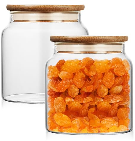 Juego de 2 tarros de cristal con tapa, 500 ml, tarros de cristal con tapa, tarros de almacenamiento con tapa de bambú para cereales, pasta, harina, granos de café, especias