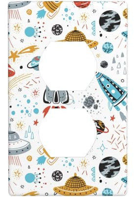 Decorative Unique Single Duplex Wall Plate 1 Gang Light Switch Cover Switch Plate Cartoon Rockets Print