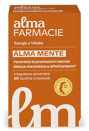 Alma Mente Alma Farmacie, Energia, Memoria, Concentrazione, Stress, 20 bustine orosolubili con Taurina, Colina, Magnesio, Vitamina B5, Integratore anche per Bambini, Senza Glutine e Lattosio