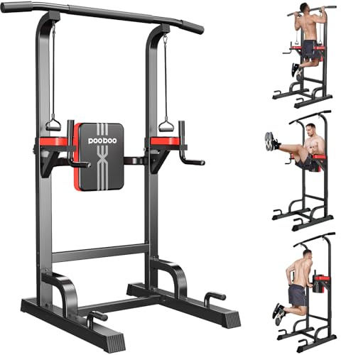 Power Tower Dip Station Barra per trazioni per fitness, allenamento a casa, palestra, multifunzione, regolabile in altezza, attrezzatura per esercizi di forza, con corde elastiche (nere)