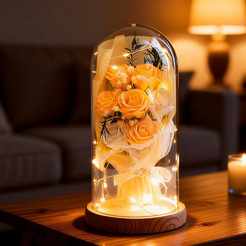 Artificial Roses in Glass Dome with LED Lights, Gift for Mum, Women&Grandma | Handmade lifelike blooms that look freshly picked, a thoughtful birthday surprise for her