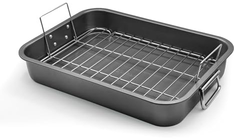 Large Roasting Pan With Rack 12” X 16” - Non Stick Large Roaster Pan and Flat Rack With Foldable Handles - Roasting Pans for Ovens to Elevate Food for Even Heating - Dishwasher Safe Turkey Roast Pot