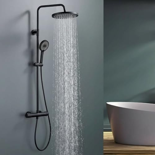 HOMELODY Sistema de ducha con termostato, color negro, juego completo con 3 tipos de chorro, ducha de mano y alcachofa de ducha de 25 cm, acero inoxidable, color negro