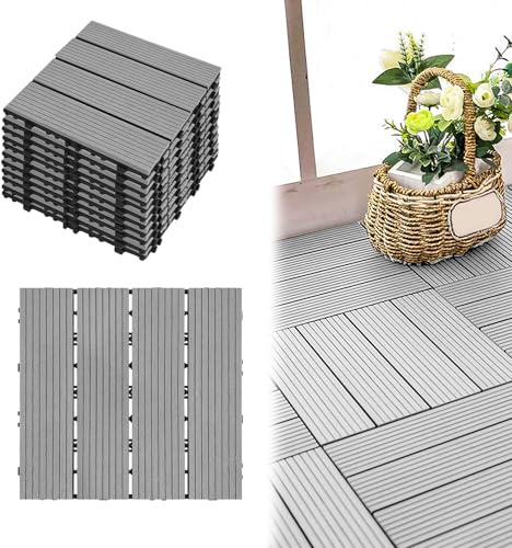 ACXIN WPC terrassplattor terrassplattor kakel i träutseende plastplattor terrassplattor klickplattor balkongplattor, kan skäras till, för trädgård/balkong/terrass (22, ljusgrå, 30 x 30)