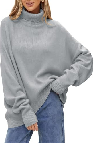 JFAN Donna Maglione Maglia a Collo Alto Leggero Elegante Pullover Maniche Lunghe Classica Tinta Unita Maglioni Sciolta Invernale Autunnali Grigio M