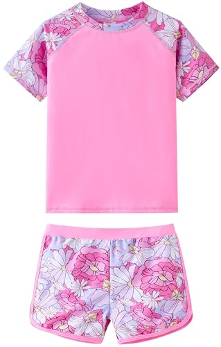 UMELOK Girls Rashguard Bathing Suit Swim Short Sleeve Swimsuit 2 Pieces Rash Guard Summer Beach Swimwear Sets Pink, Dahlia 4T