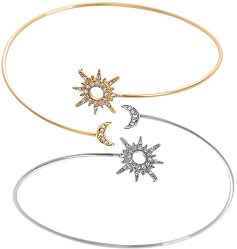JOINPAYA Pulseras para Mujer 2piezas de Aleación Diseño de Sol y Luna, Brazaletes Abiertos Ajustables, Elegantes y Sencillos para Uso Diario y Viajes