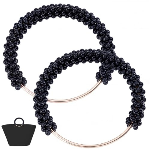 Beebeecraft 2 asa de Bolso con Cuentas de Perlas de Plástico Negro con Perlas de Imitación de Aleación de Oro Anillo Redondo Decorativo Asas Cortas de Repuesto para Bolsos de Ganchillo Tejidos