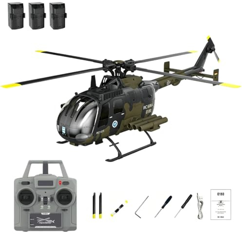 C180 BO105 Brushless RC Hubschrauber mit One-Key Start/Inverted Flug, 6CH 6-Achsen Gyro RC Helikopter mit barometrischer + TOF-LiDAR-Höhenhaltung und Optical Flow Positionierung (Tarnung/3 Batterie)
