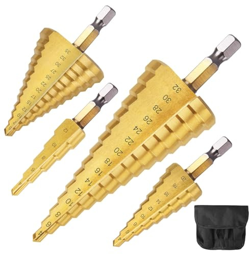 NUTKIT Broca Escalonada, 4PCS Broca Cónica HSS Titanio, 4-32/4-20/4-12/5-35mm, Vástago Hexagonal de 1/4 Pulgada,para Taladrar con Destornillador en Acero, Madera Latón, Aluminio, PVC(Oro)