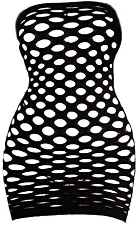 VicSec Damen Mesh Dessous Einteiler Schwarz Sexy Minikleid Fishnet Babydoll Nachtwäsche Transparent Einheitsgröße Trägerloses Hemd (große Größe), Masche groß, One size