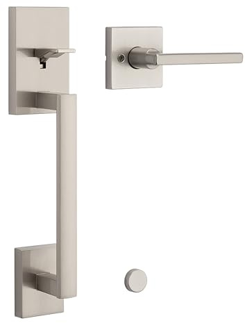 Kwikset San Clemente Front Door Handle No Lock, Entry Handleset Exterior with Interior Reversible Handed Lever, Non-Locking, Satin Nickel, Deadbolt Not Included, with Microban Protection