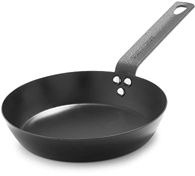 Merten & Storck Carbon Steel Sartén 20 cm de Acero al Carbono, Parrilla, Mango con Chapa de Hierro, Apta para Cocina de Inducción y Horno, Color Negro