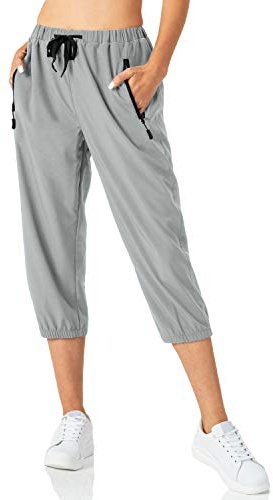 Butrends 3/4 Pantalón de Chándal para Mujer Pantalones de chándal Ligeros para Mujer Pantalones Capri de Secado rápido Pantalones de Senderismo Casuales con Bolsillos con Cremallera (XL, Gris Claro)
