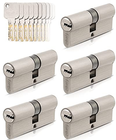 GERCAR Pro 5x Schließzylinder 30/30 gleichschließend Set 5 Profilzylinder inkl. 25 Schlüssel - 60 mm Türschloss Zylinderschloss 5er Zylinder - Länge: 60mm, A:30 B:30 - Messing matt massiv