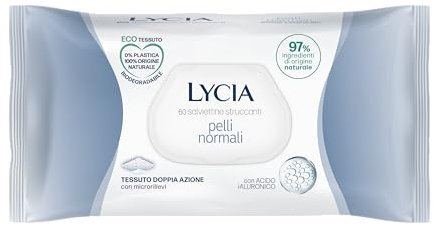 Lycia - Salviettine Struccanti per Pelli Normali, Salviette Struccanti per Viso e Occhi, con Acido Ialuronico, in tessuto 100% naturale, 60 pezzi