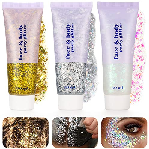 Dacitiery 3Pcs Body Glitter Gel, 50 ml Mermaid Sequins Face Glitters | Sparkling Liquid Eyeshadow Sequins Glitter for Face Body Eye Hair Nail DIY Art Festival Party Makeup Decoration