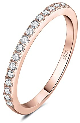 JewelryPalace Demi Eternel Empilable Bague Taille Rond Moissanite Pierre Argent Massif 925 Femme, Mode Plaqué Or Rose Bague fin Anneau Fiançailles Mariage Promise Alliance, Ensemble Bijoux Mariee