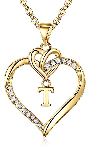 TINGN Damhalsband med hjärta i guld eller silver, 14K guld-/vitguldpläterat initialhalsband, hjärthänge med kubisk zirkonia och bokstäver, årsdag, födelsedagspresent, Guld