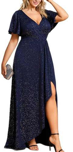 Ever-Pretty Women's Glitter Plus Size Formal Dress V-Neck Short Sleeve Wedding Guest Dresses A line High Low Evening Gowns Navy Blue US14