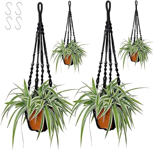 DAJAVE Lot de 4 Paniers Suspendus Jardiniere Suspendue Plante Suspendue en Macramé Noir avec Crochets pour Jardin, Bureau, Maison
