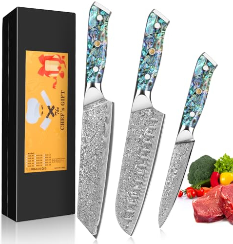 Home Safety 3 Pièces Damas Cuisine Ensemble - Santoku Tranchage Martelé Forge Couteau Très Sharp Chef Professionnel à Désosser Avec Résine Poignée