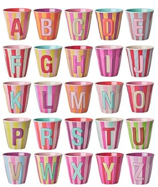 Rice Melamin Becher medium gestreift mit Buchstaben, Modell für Junge Blau-Grüntöne, Größe 9 x 9 cm (L Mädechen)